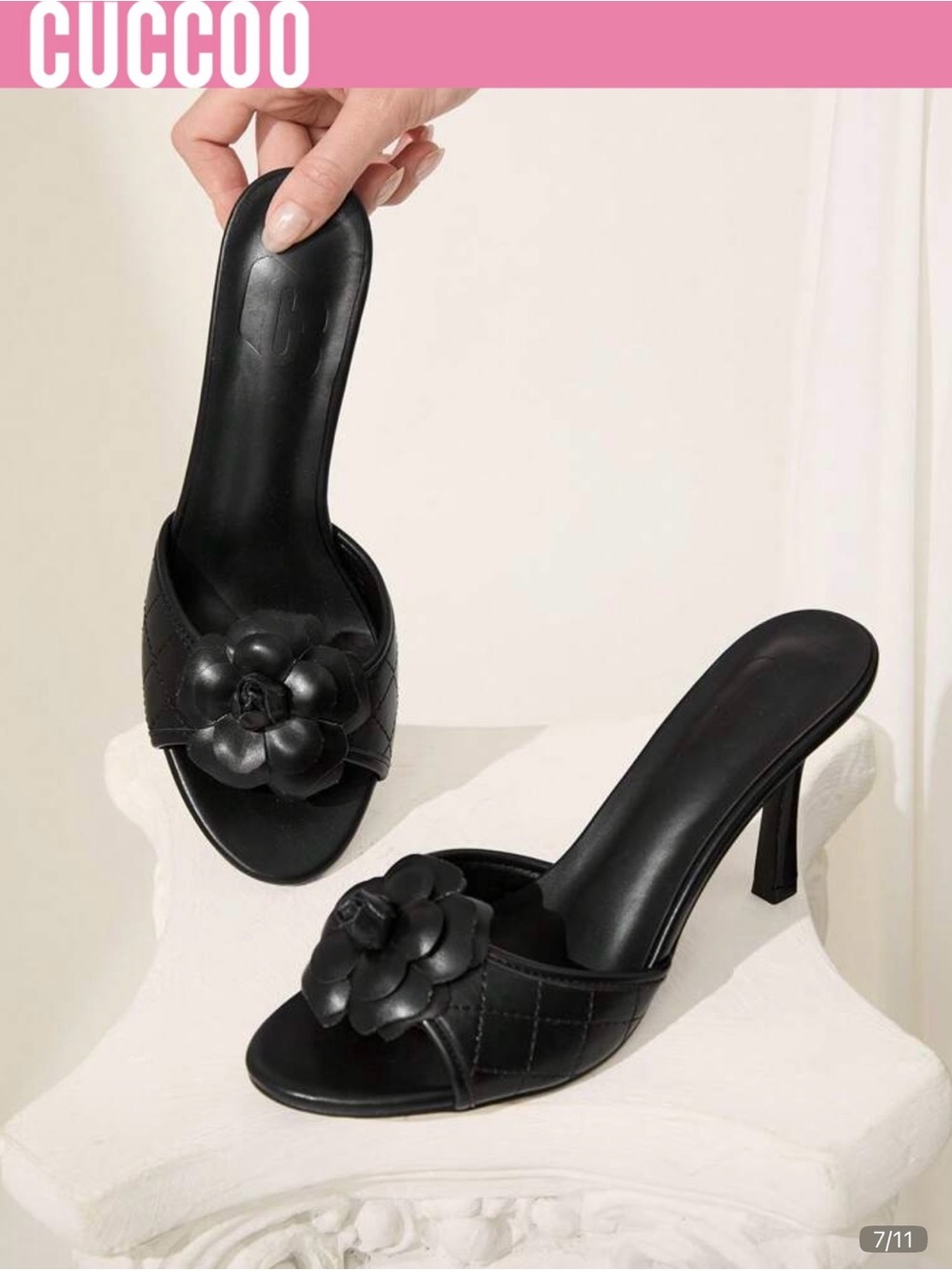 CUCCOO Black Floral Quilted Open-Toe heels